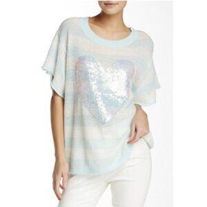 WILDFOX White Label Bridgette Heart Lake House Striped Sequin Sweater Aqua White